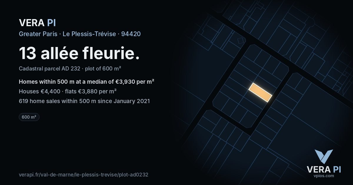 13 allée fleurie, Le Plessis-Trévise at night – the plot lit, the parcels around coloured by the prices near them