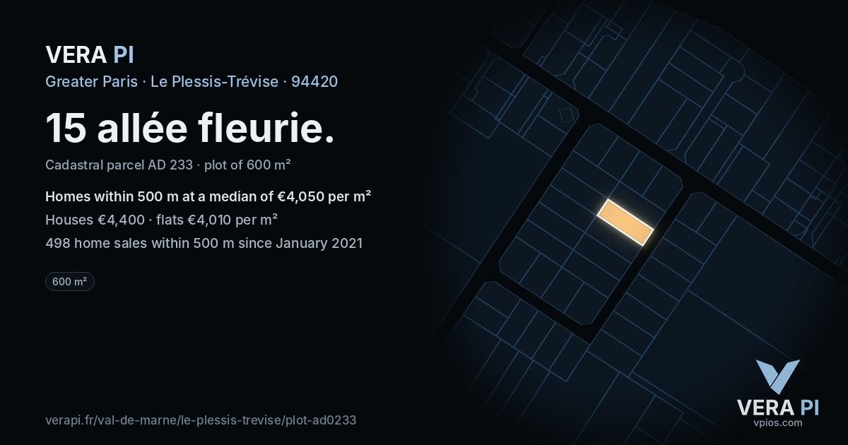 15 allée fleurie, Le Plessis-Trévise at night – the plot lit, the parcels around coloured by the prices near them