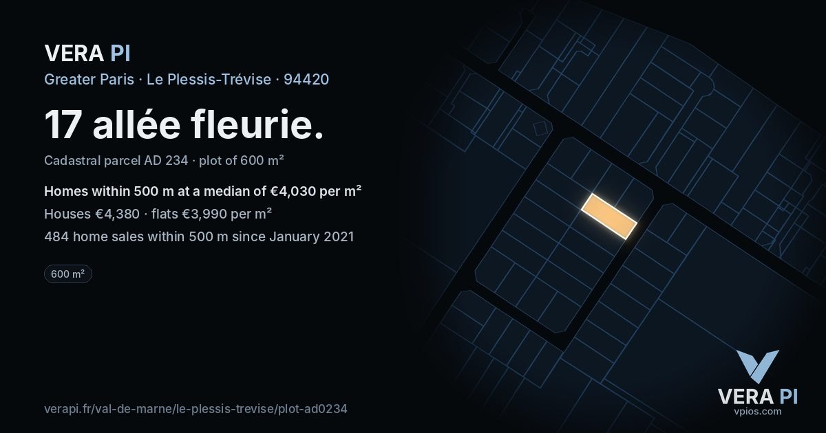 17 allée fleurie, Le Plessis-Trévise at night – the plot lit, the parcels around coloured by the prices near them