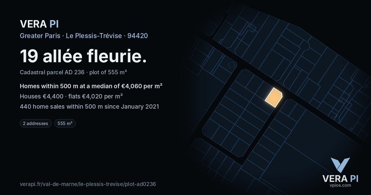 19 allée fleurie, Le Plessis-Trévise at night – the plot lit, the parcels around coloured by the prices near them