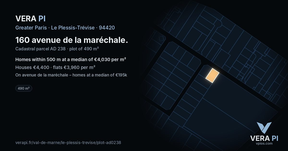 160 avenue de la maréchale, Le Plessis-Trévise at night – the plot lit, the parcels around coloured by the prices near them