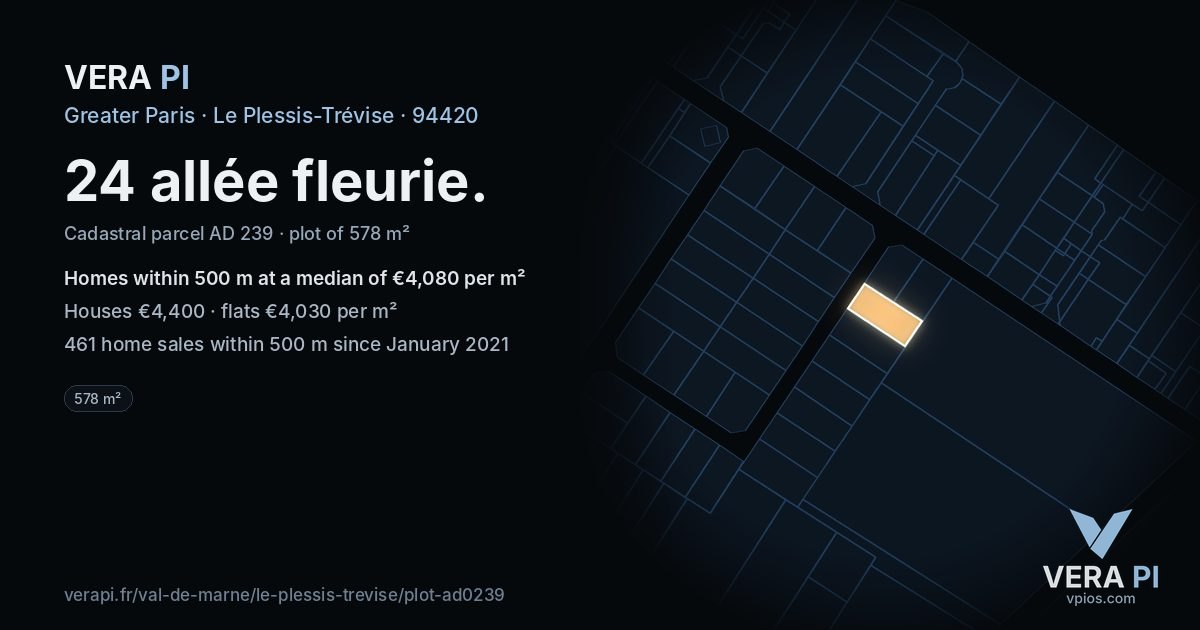 24 allée fleurie, Le Plessis-Trévise at night – the plot lit, the parcels around coloured by the prices near them