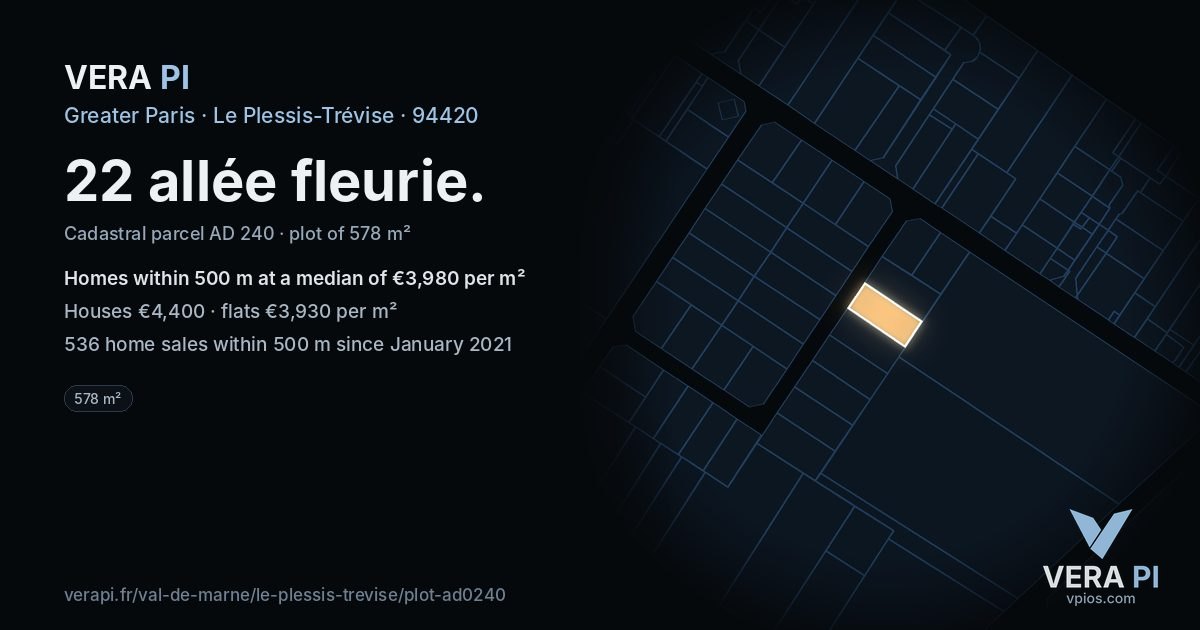 22 allée fleurie, Le Plessis-Trévise at night – the plot lit, the parcels around coloured by the prices near them