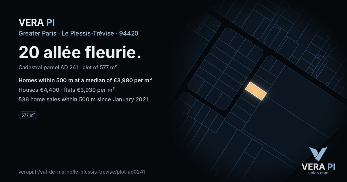 20 allée fleurie, Le Plessis-Trévise at night – the plot lit, the parcels around coloured by the prices near them
