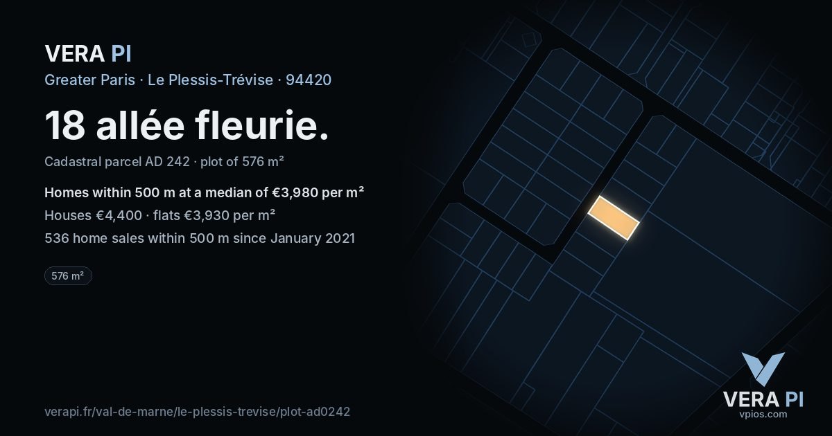 18 allée fleurie, Le Plessis-Trévise at night – the plot lit, the parcels around coloured by the prices near them