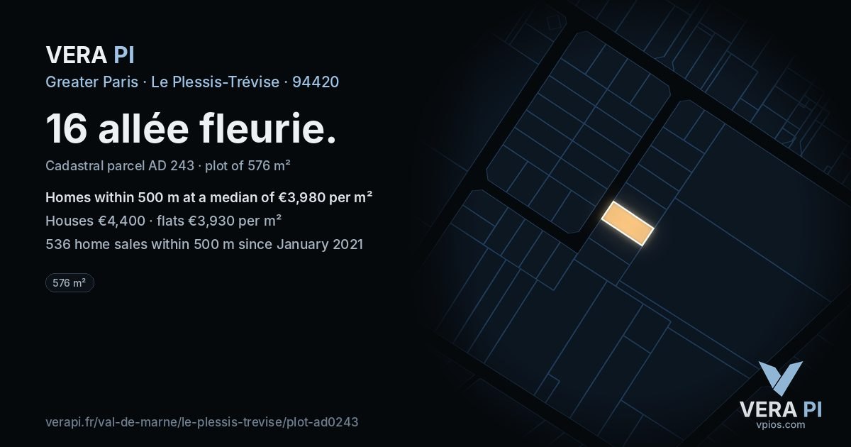 16 allée fleurie, Le Plessis-Trévise at night – the plot lit, the parcels around coloured by the prices near them
