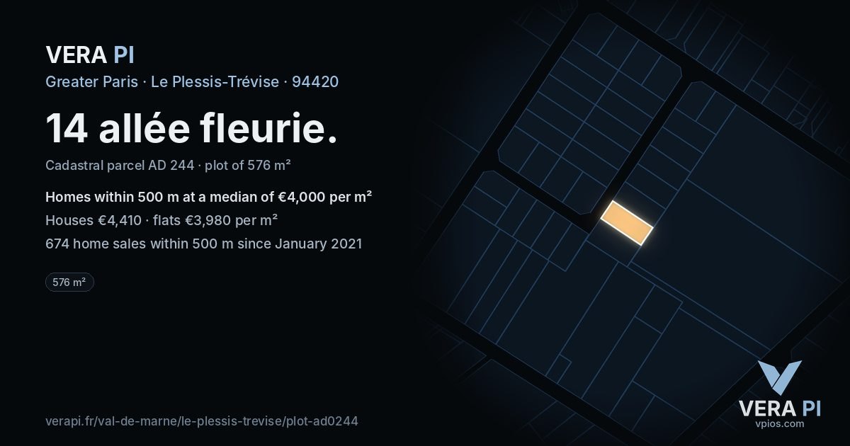 14 allée fleurie, Le Plessis-Trévise at night – the plot lit, the parcels around coloured by the prices near them