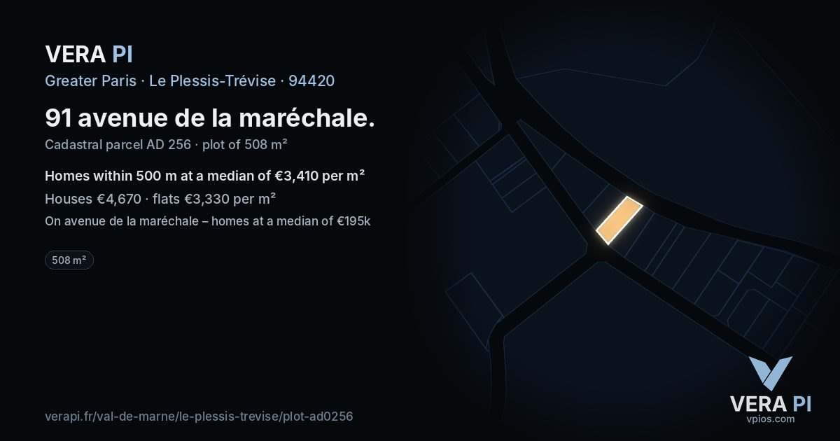91 avenue de la maréchale, Le Plessis-Trévise at night – the plot lit, the parcels around coloured by the prices near them