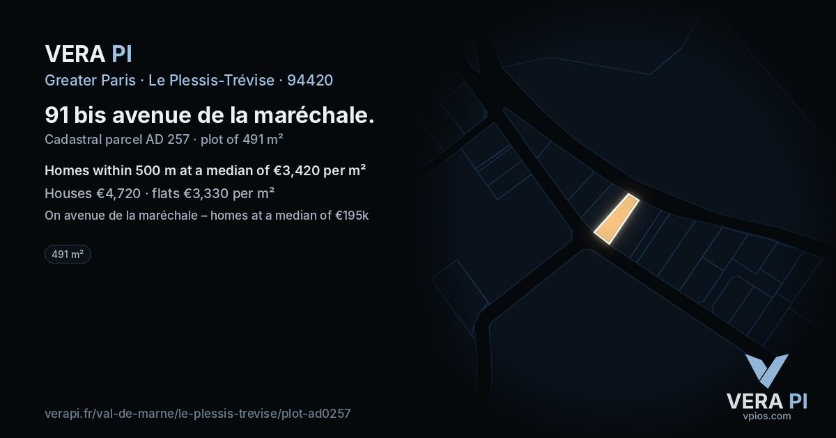 91 bis avenue de la maréchale, Le Plessis-Trévise at night – the plot lit, the parcels around coloured by the prices near them
