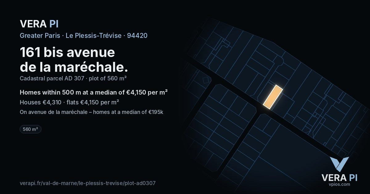 161 bis avenue de la maréchale, Le Plessis-Trévise at night – the plot lit, the parcels around coloured by the prices near them