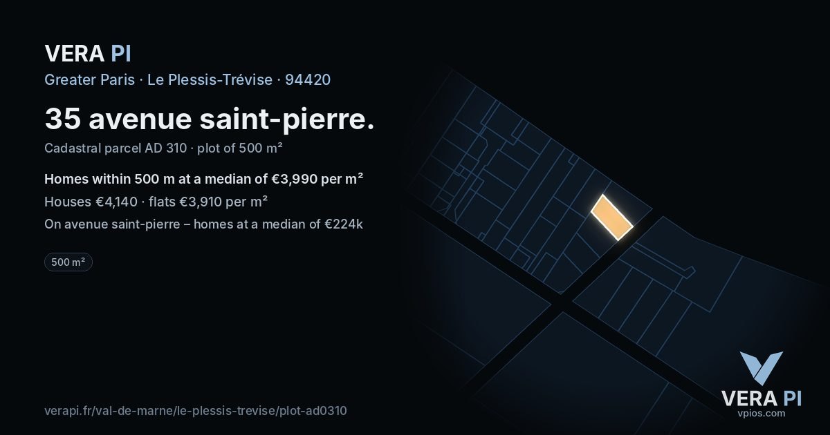 35 avenue saint-pierre, Le Plessis-Trévise at night – the plot lit, the parcels around coloured by the prices near them