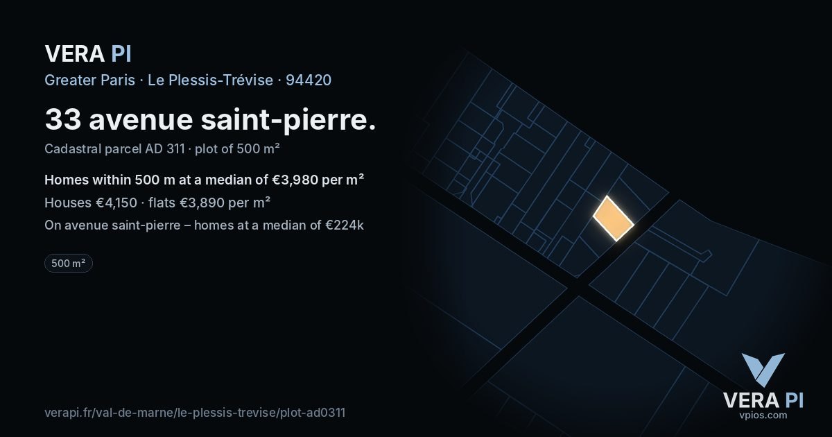 33 avenue saint-pierre, Le Plessis-Trévise at night – the plot lit, the parcels around coloured by the prices near them