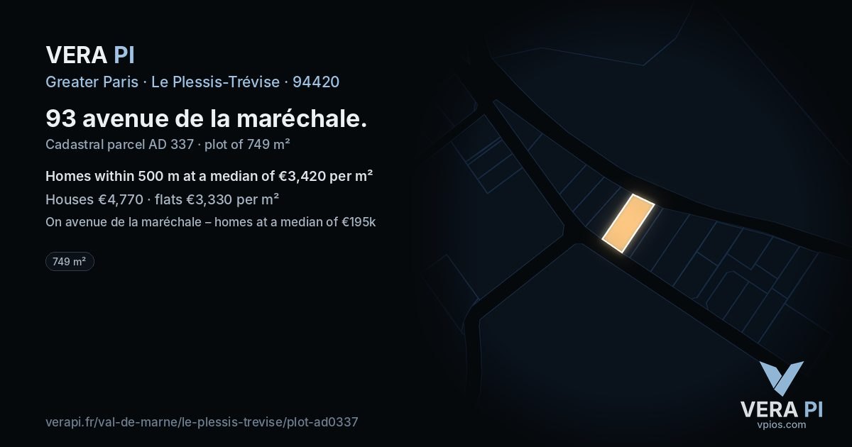 93 avenue de la maréchale, Le Plessis-Trévise at night – the plot lit, the parcels around coloured by the prices near them