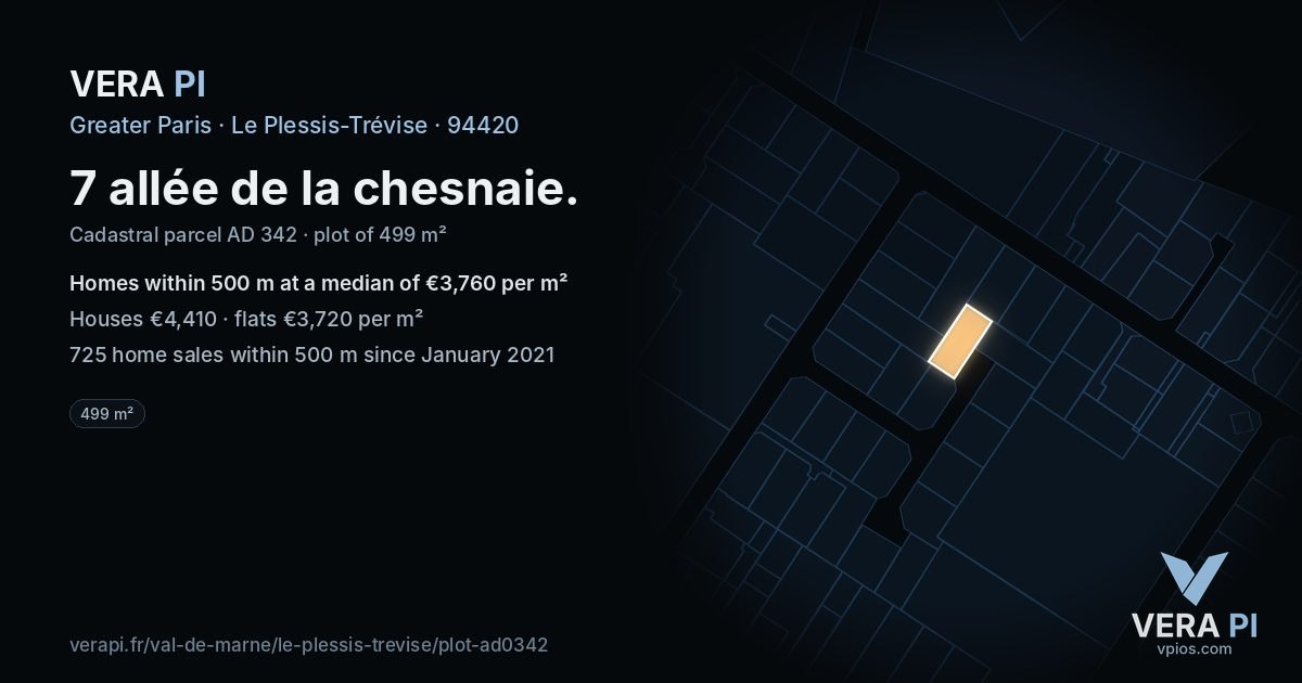 7 allée de la chesnaie, Le Plessis-Trévise at night – the plot lit, the parcels around coloured by the prices near them