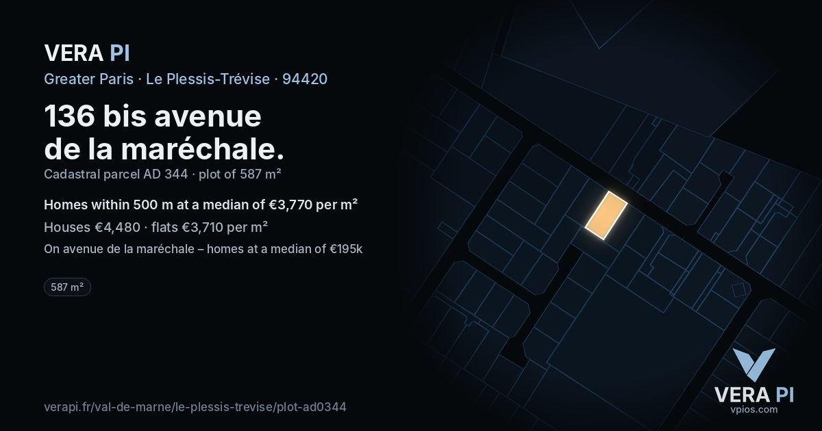 136 bis avenue de la maréchale, Le Plessis-Trévise at night – the plot lit, the parcels around coloured by the prices near them