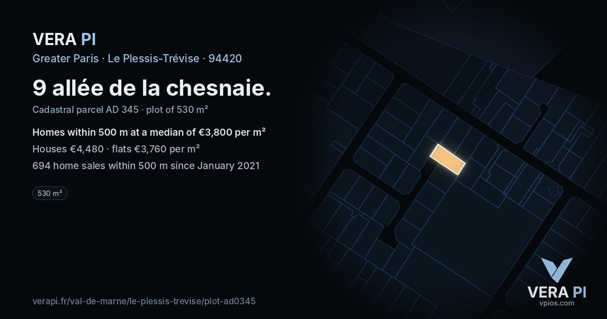 9 allée de la chesnaie, Le Plessis-Trévise at night – the plot lit, the parcels around coloured by the prices near them