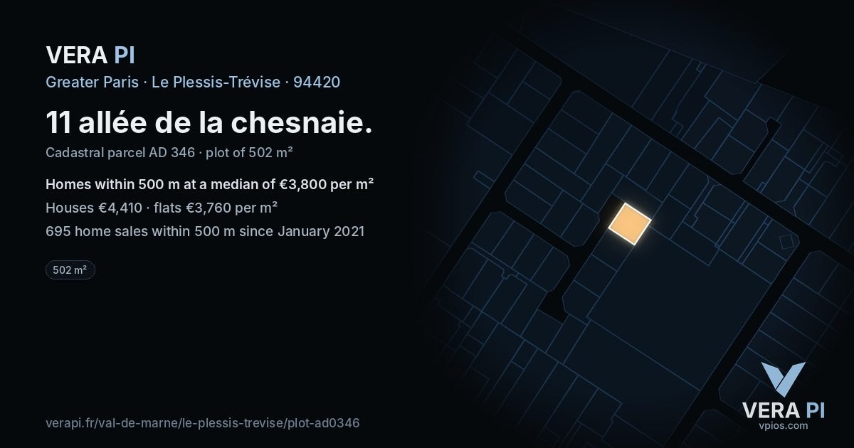 11 allée de la chesnaie, Le Plessis-Trévise at night – the plot lit, the parcels around coloured by the prices near them