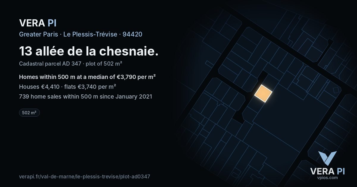 13 allée de la chesnaie, Le Plessis-Trévise at night – the plot lit, the parcels around coloured by the prices near them