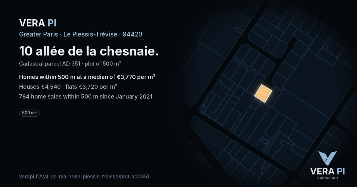 10 allée de la chesnaie, Le Plessis-Trévise at night – the plot lit, the parcels around coloured by the prices near them