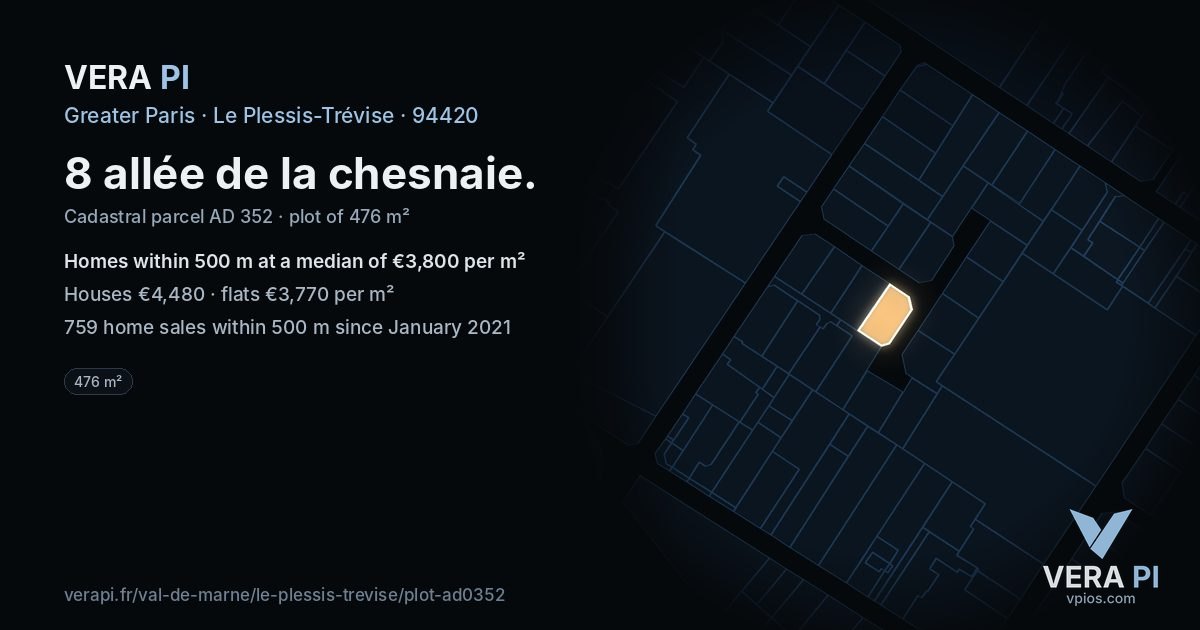 8 allée de la chesnaie, Le Plessis-Trévise at night – the plot lit, the parcels around coloured by the prices near them