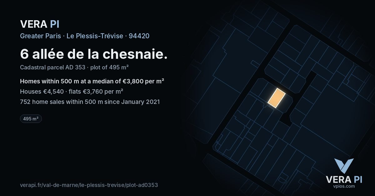 6 allée de la chesnaie, Le Plessis-Trévise at night – the plot lit, the parcels around coloured by the prices near them