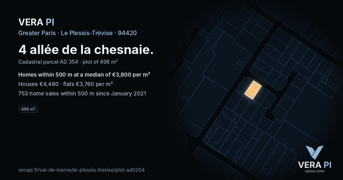 4 allée de la chesnaie, Le Plessis-Trévise at night – the plot lit, the parcels around coloured by the prices near them