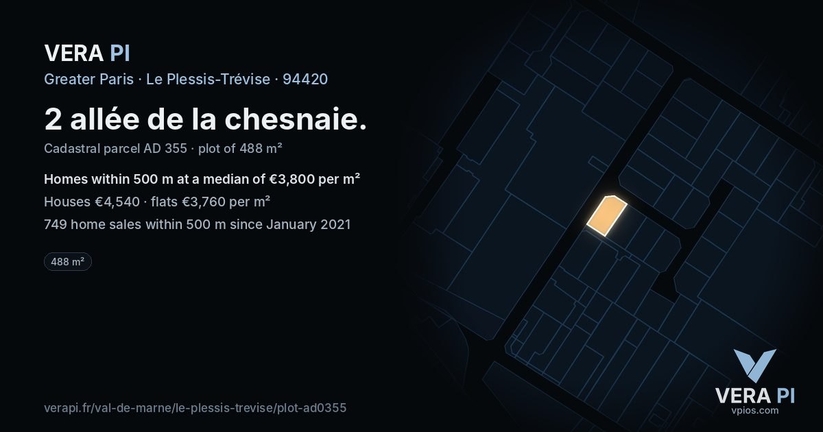2 allée de la chesnaie, Le Plessis-Trévise at night – the plot lit, the parcels around coloured by the prices near them