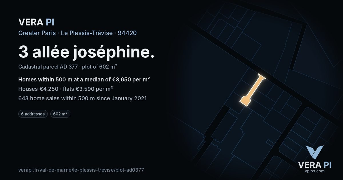 3 allée joséphine, Le Plessis-Trévise at night – the plot lit, the parcels around coloured by the prices near them