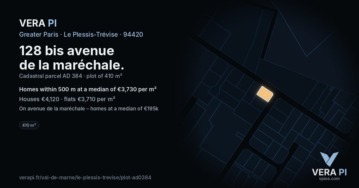 128 bis avenue de la maréchale, Le Plessis-Trévise at night – the plot lit, the parcels around coloured by the prices near them