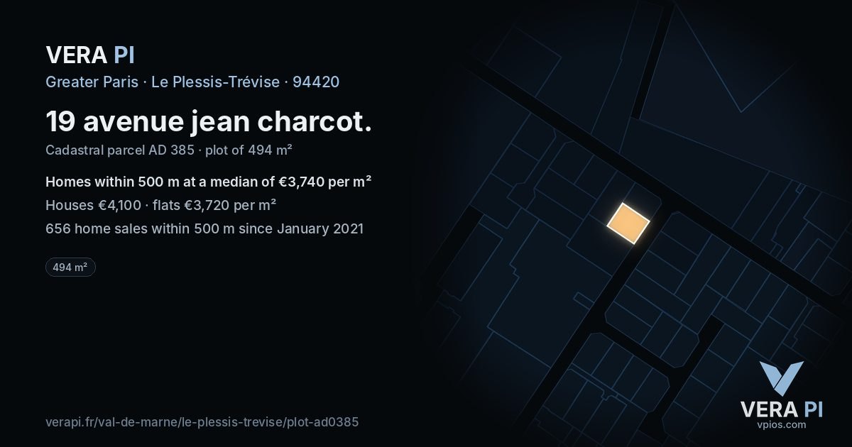 19 avenue jean charcot, Le Plessis-Trévise at night – the plot lit, the parcels around coloured by the prices near them