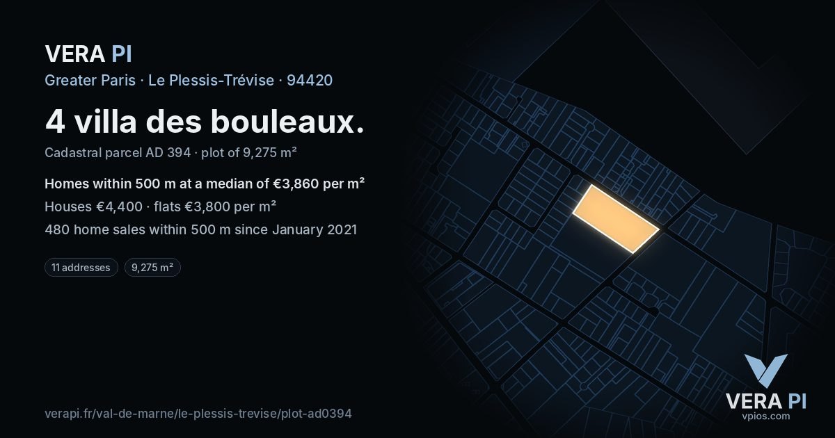 4 villa des bouleaux, Le Plessis-Trévise at night – the plot lit, the parcels around coloured by the prices near them