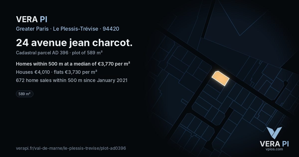 24 avenue jean charcot, Le Plessis-Trévise at night – the plot lit, the parcels around coloured by the prices near them
