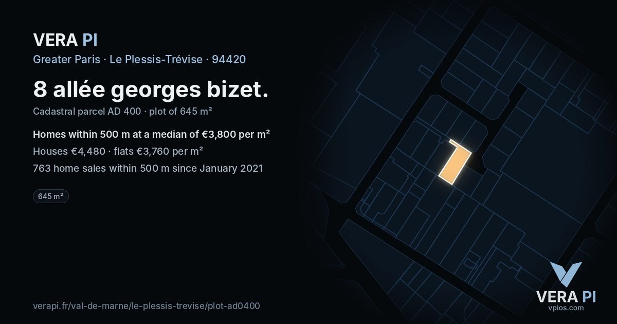 8 allée georges bizet, Le Plessis-Trévise at night – the plot lit, the parcels around coloured by the prices near them