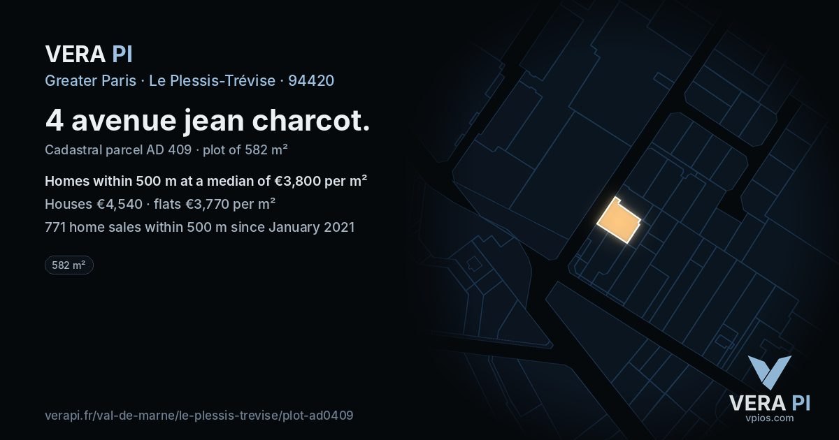 4 avenue jean charcot, Le Plessis-Trévise at night – the plot lit, the parcels around coloured by the prices near them