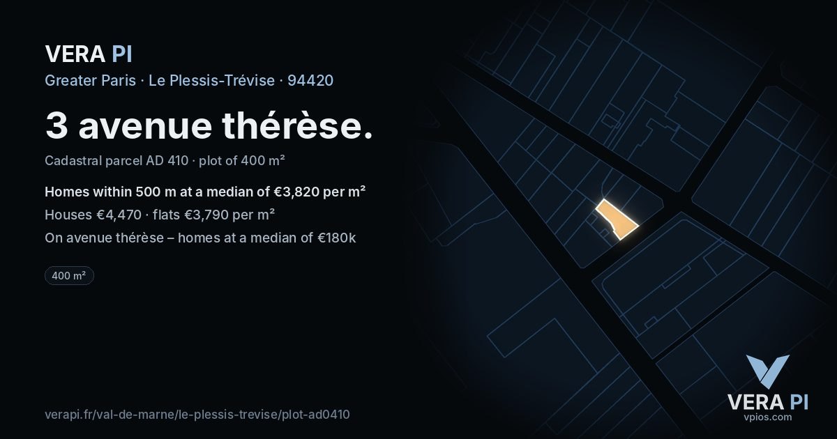 3 avenue thérèse, Le Plessis-Trévise at night – the plot lit, the parcels around coloured by the prices near them