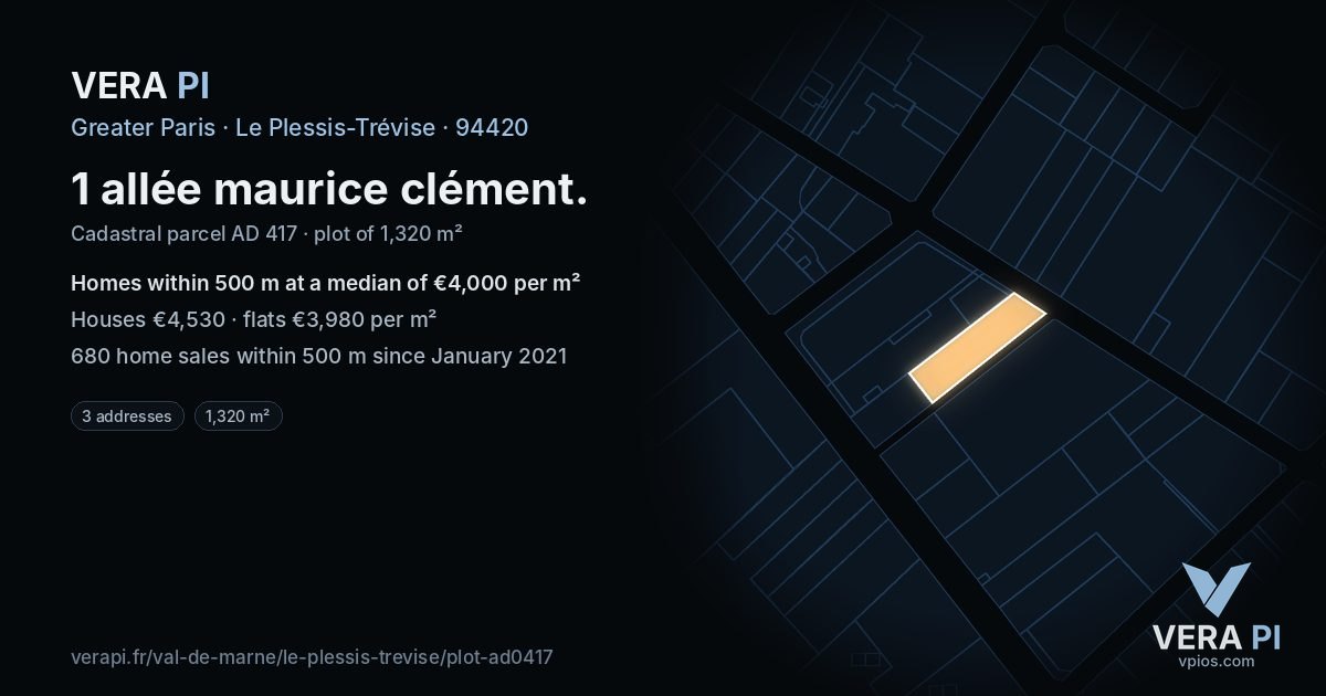 1 allée maurice clément, Le Plessis-Trévise at night – the plot lit, the parcels around coloured by the prices near them