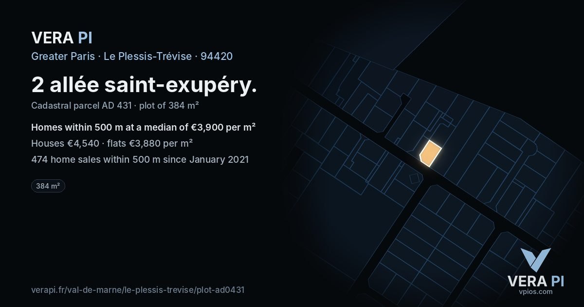 2 allée saint-exupéry, Le Plessis-Trévise at night – the plot lit, the parcels around coloured by the prices near them
