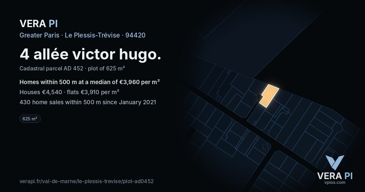 4 allée victor hugo, Le Plessis-Trévise at night – the plot lit, the parcels around coloured by the prices near them