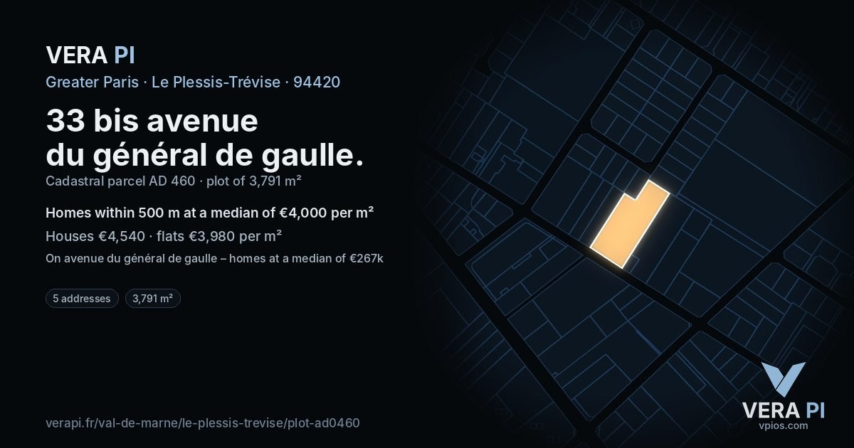 33 bis avenue du général de gaulle, Le Plessis-Trévise at night – the plot lit, the parcels around coloured by the prices near them