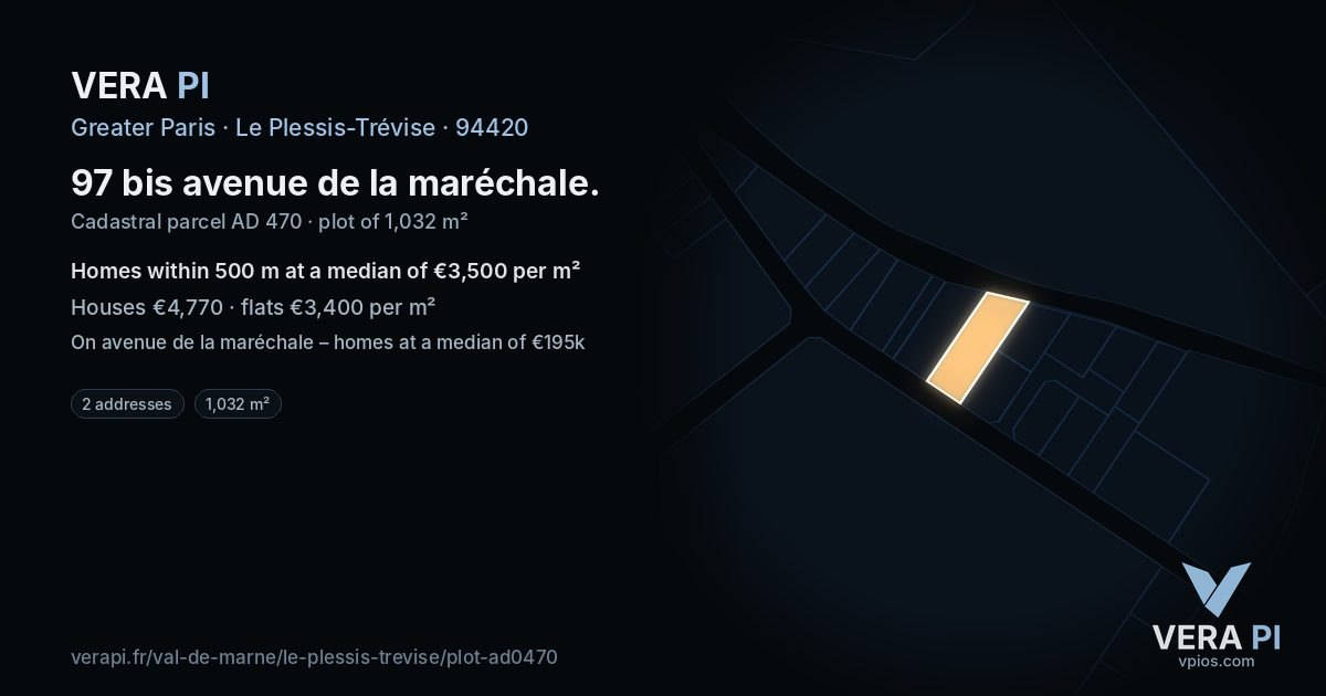 97 bis avenue de la maréchale, Le Plessis-Trévise at night – the plot lit, the parcels around coloured by the prices near them