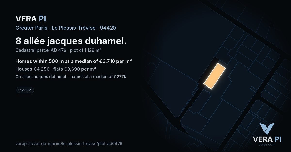 8 allée jacques duhamel, Le Plessis-Trévise at night – the plot lit, the parcels around coloured by the prices near them