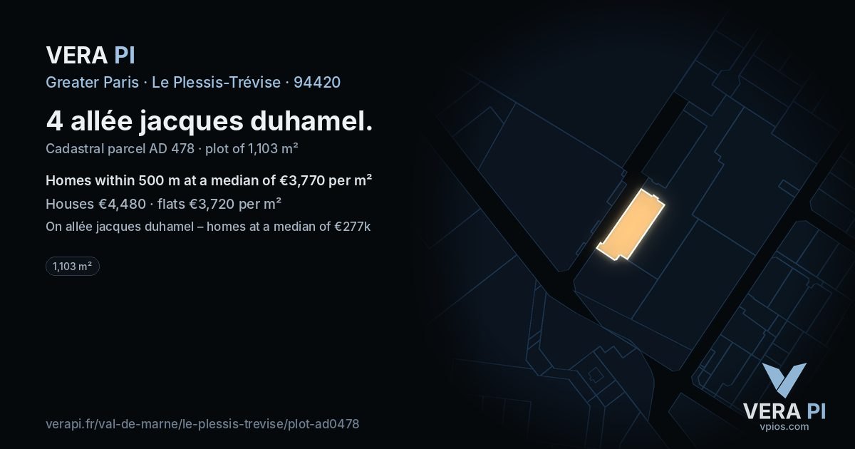 4 allée jacques duhamel, Le Plessis-Trévise at night – the plot lit, the parcels around coloured by the prices near them