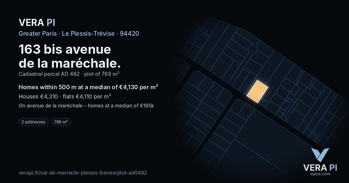 163 bis avenue de la maréchale, Le Plessis-Trévise at night – the plot lit, the parcels around coloured by the prices near them