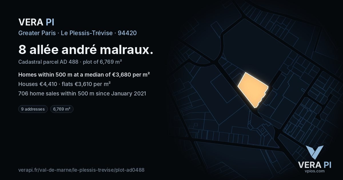 8 allée andré malraux, Le Plessis-Trévise at night – the plot lit, the parcels around coloured by the prices near them