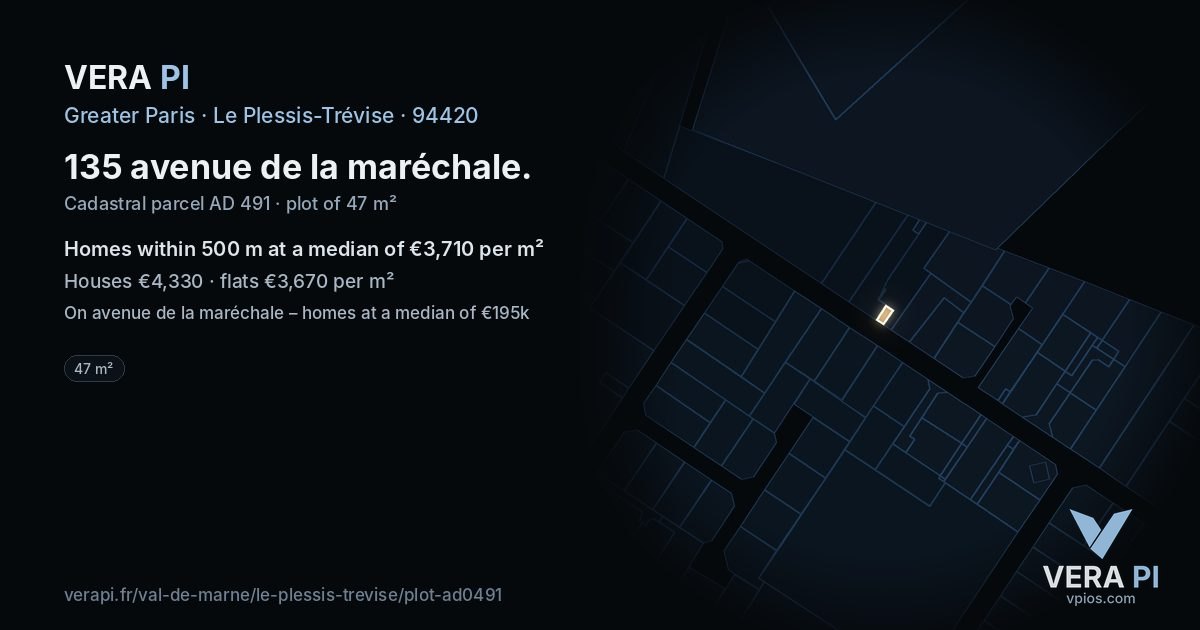 135 avenue de la maréchale, Le Plessis-Trévise at night – the plot lit, the parcels around coloured by the prices near them