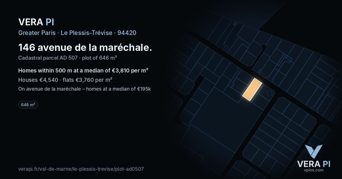 146 avenue de la maréchale, Le Plessis-Trévise at night – the plot lit, the parcels around coloured by the prices near them
