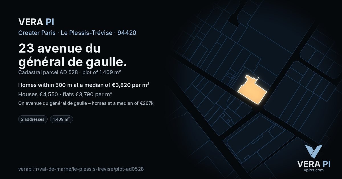 23 avenue du général de gaulle, Le Plessis-Trévise at night – the plot lit, the parcels around coloured by the prices near them