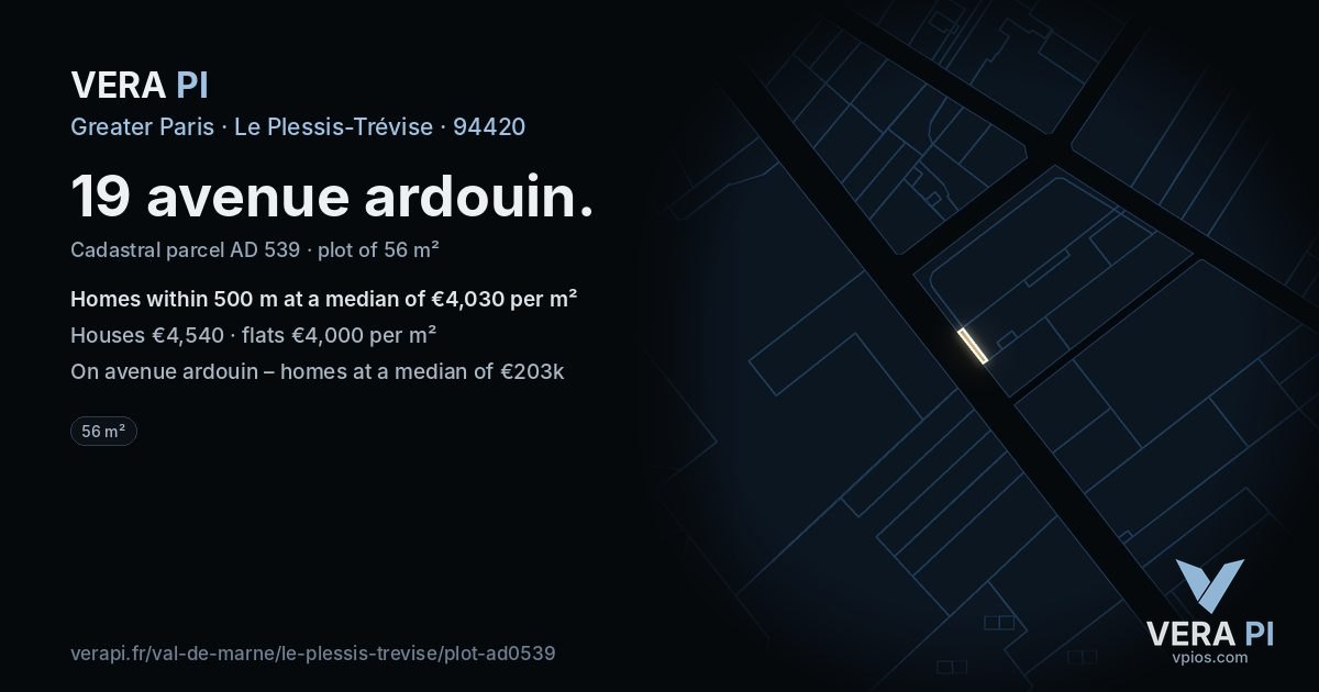 19 avenue ardouin, Le Plessis-Trévise at night – the plot lit, the parcels around coloured by the prices near them
