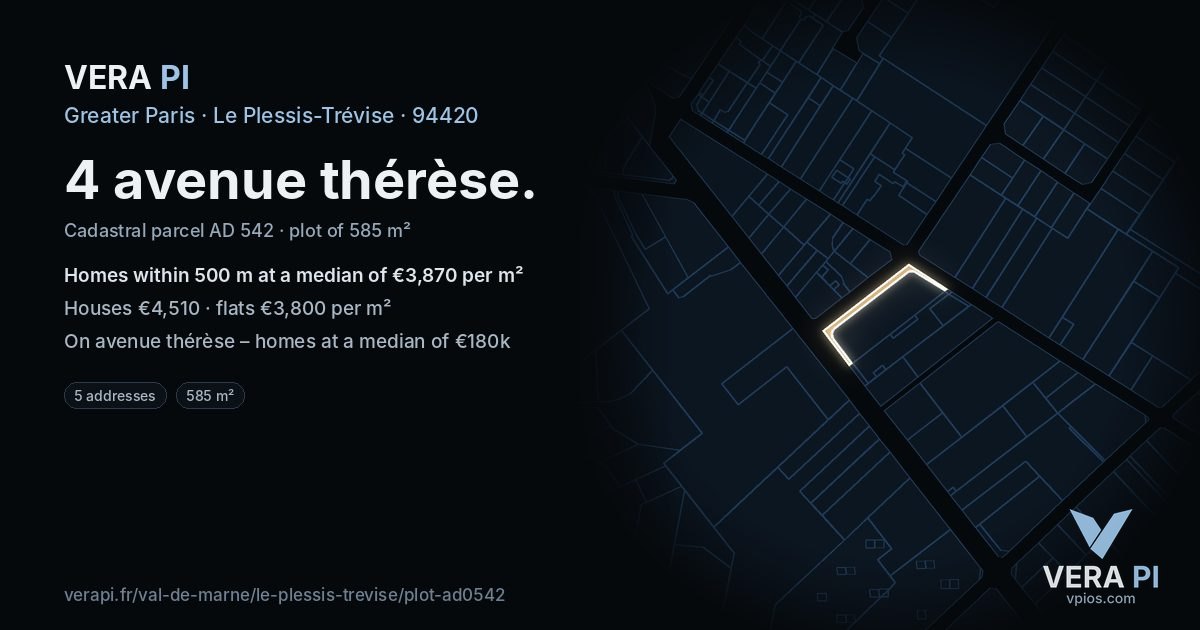4 avenue thérèse, Le Plessis-Trévise at night – the plot lit, the parcels around coloured by the prices near them
