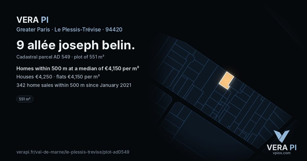 9 allée joseph belin, Le Plessis-Trévise at night – the plot lit, the parcels around coloured by the prices near them